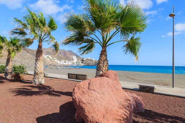 位于西班牙加那利群岛岛的 Playitas 村和公共海滩的海滨长廊绿色区域 — 图库照片