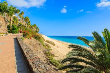 Morro Jable kentindeki Fuerteventura, Canary Islands, İspanya için kumlu plaj sahil mesire
