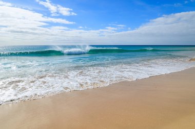 Okyanus dalgası su güzel Jandia Beach, Morro Jable, Fuerteventura, Kanarya Adaları, İspanya