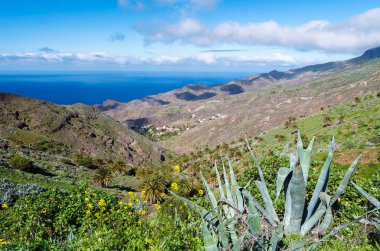 Palmiye ağacı Vadisi beyaz bulutlar mavi gökyüzü sahil deniz görünümü dağlar, Alojera, La Gomera, Kanarya Adaları