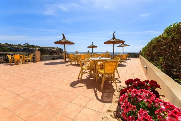 Flores Vermelhas Piso Azulejo Restaurante Terraço Ensolarado Cala Figuera Cidade — Fotografia de Stock