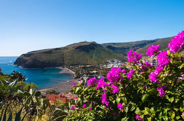 Uitzicht Baai Strand Berg Oceaan Kust Bloemen Playa Santiago Gomera Stockafbeelding