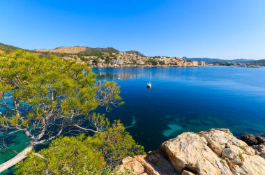 Turkuaz denizde Cala Fornells defne, Mayorka Adası, İspanya