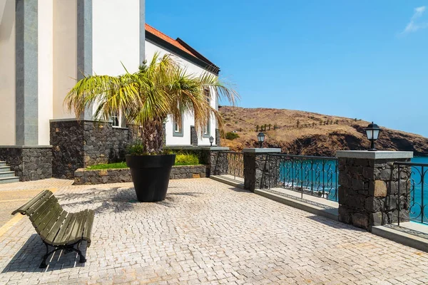 Bench Seaside Promenade Palm Tree Pot Church Building Madeira Island — Stock Photo, Image