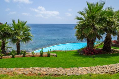 Yeşil çim alan Atlantik Okyanusu, Madeira Adası, Portekiz, Doğu sahilinde palmiye ağaçları Yüzme havuzlu