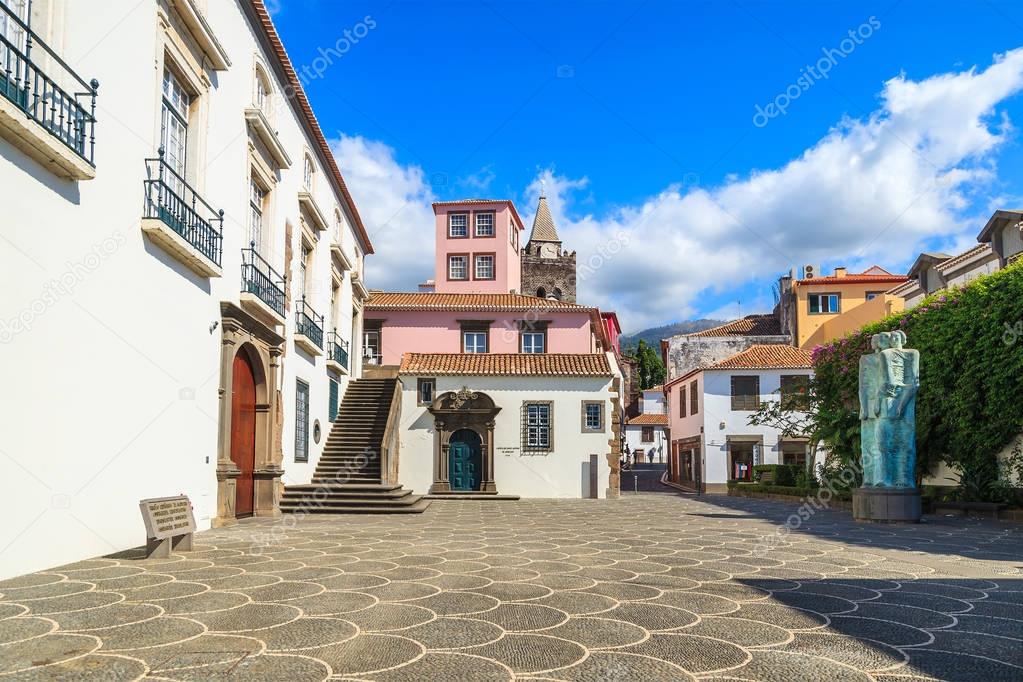 Colonial architecture on main square of Funchal historic old town, Madeira island, Portugal