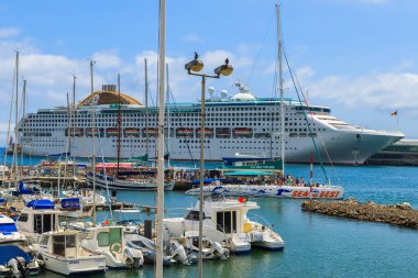 Port Funchal, Madeira Adası - 24 Ağustos 2013: Cruise Gemi limanda Funchal, Portekiz denizde. Çok sayıda turistin yolcu gemilerine ile Kanarya Adaları İspanya Madeira yelken.