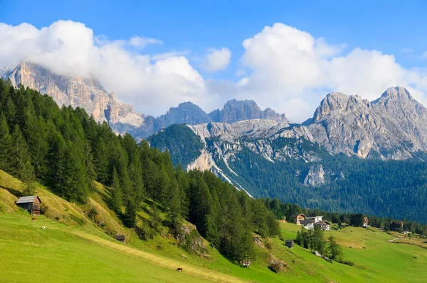绿色草甸高山谷与白云岩山在背景 San 圣卡夏诺 上阿迪杰巴迪亚 意大利 — 图库照片