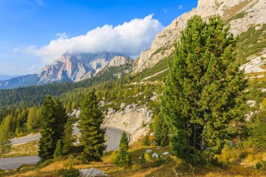 Yol güzel sonbahar manzara Dolomites Dağları, South Tyrol, İtalya