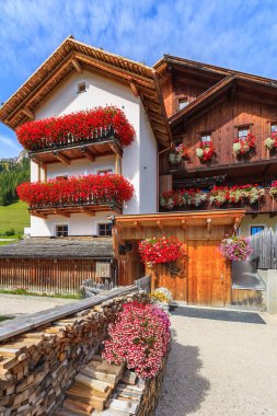 Geleneksel dağ evleri yaz peyzaj Dolomites dağlar, İtalya'nın balkonlarda kırmızı çiçekli