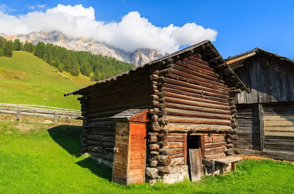 イタリア ドロミテの山々 の緑の牧草地に木造の納屋 — ストック写真