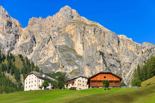 イタリア ドロミテの山々 の緑の牧草地の高山の家 — ストック写真