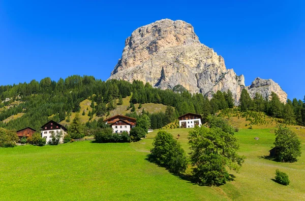 イタリア ドロミテの山々 の緑の牧草地の高山の家 — ストック写真