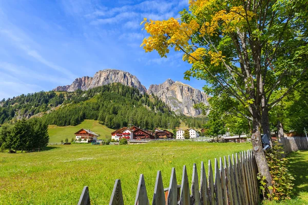 在意大利多洛米特山脉夏季的风景中 绿色草地上的木栅栏与远处的传统高山房屋 — 图库照片