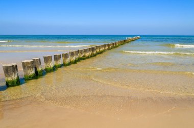 Ahşap dalgakıran plajda Ustka town, Baltık Denizi, Polonya