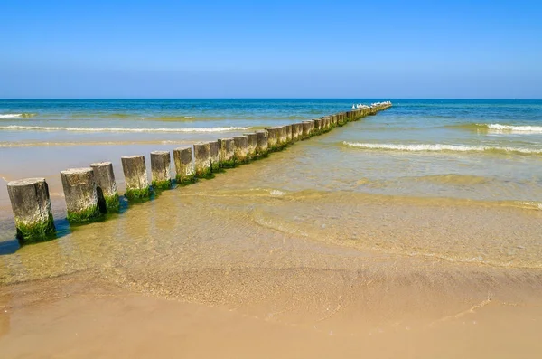 Houten Golfbreker Strand Ustka Stad Oostzee Polen Rechtenvrije Stockfoto's