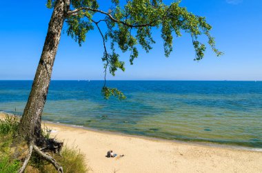 Sopot ve Gdynia, Baltık Denizi, Polonya arasındaki uçurum deniz kıyısında plaj görünümünü