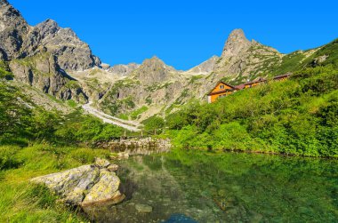 Yeşil su dağ gölü taş taş yansıma yaz, Kezmarska Vadisi, Tatra Dağları, Slovakya