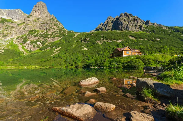 Grönt Vatten Mountain Lake Stenar Stenar Speglar Sommaren Kezmarska Valley — Stockfoto