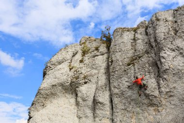 Kaya tırmanışçısı kalker kaya yakınındaki Krakow, Polonya