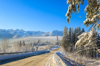 Kış yol Lysa Polana, Tatra Dağları, Polonya için Zakopane üzerinden taze kar yağışı sonra