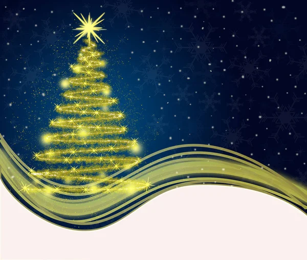 Mavi arka planda altın ağaçlı Noel kartı