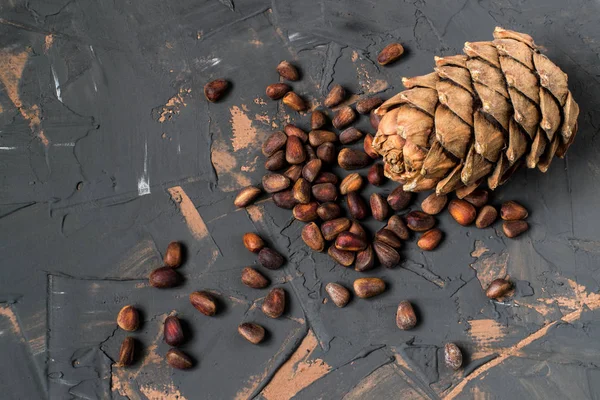 Frutos secos (semillas) y cono de pino siberiano — Foto de Stock