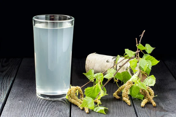 Свежий березовый сок в стакане и березовых ветвях — стоковое фото
