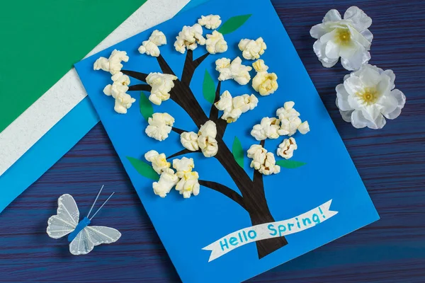 Making card by a child on spring theme. Step 8 — Stock Photo, Image