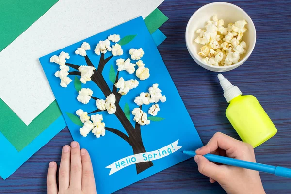 Making card by a child on spring theme. Step 7 — Stock Photo, Image