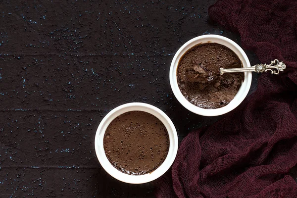 Delicate chocolate dessert with cream and dried prunes — Stock Photo, Image