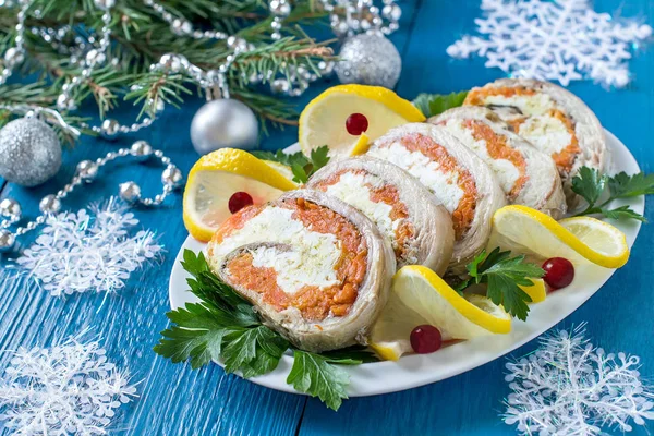 Festive snack roll of mackerel with carrots and eggs — Stock Photo, Image