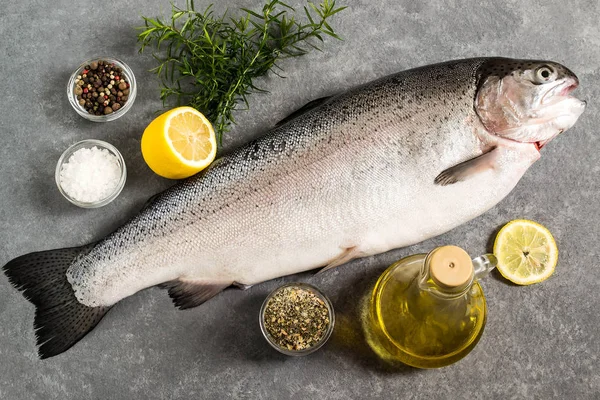 Большой свежий лосось и ингредиенты для приготовления пищи — стоковое фото