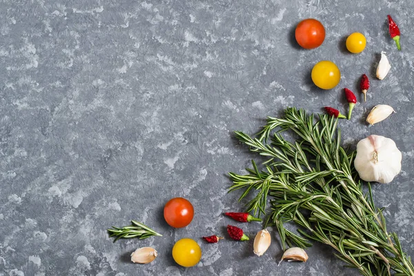 Rosemary, tomate, alho e pimenta no fundo cinza — Fotografia de Stock