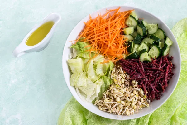 Vegetarian lunch bowl with sprouted mung beans and fresh vegetab