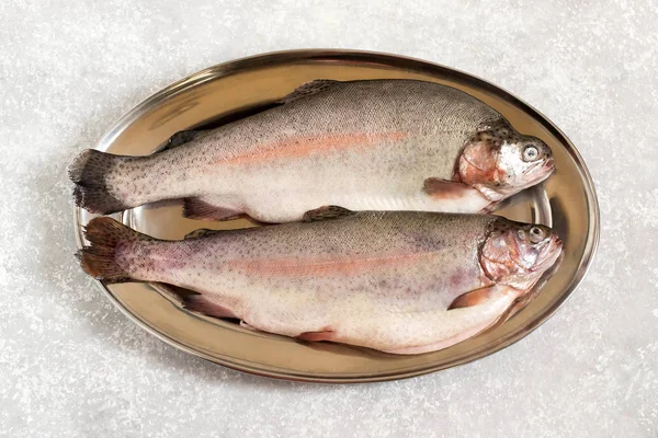 Duas trutas frescas na bandeja de metal — Fotografia de Stock