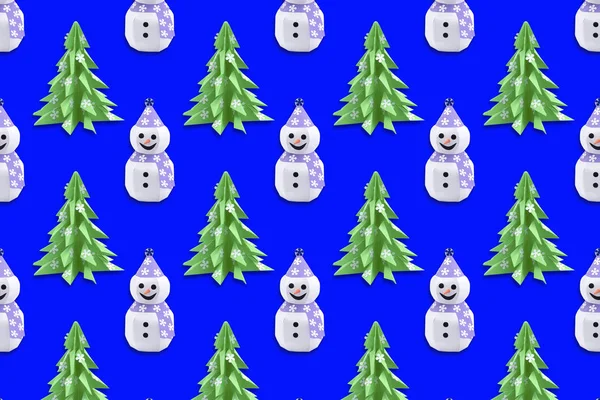 Fondo festivo con papel Árboles de Navidad y muñecos de nieve — Foto de Stock