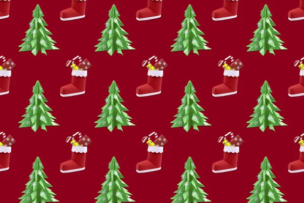 Fondo festivo con árboles de Navidad de papel y botas de Santa — Foto de Stock