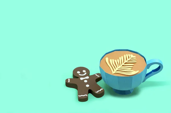 Paper cup with hot chocolate and Christmas gingerbread man — стокове фото