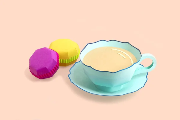 Papírpohár teával és sokszínű makarónival — Stock Fotó
