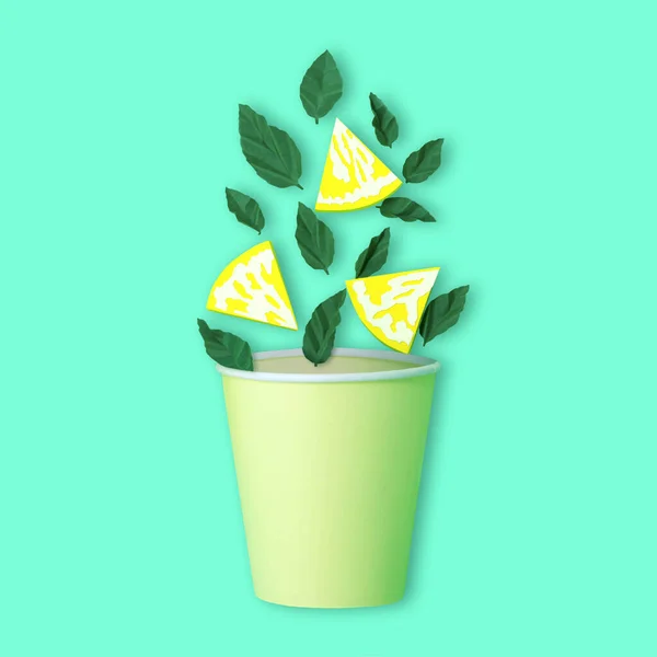 Paper slices of pineapple and mint leaves fall in paper cup — 스톡 사진