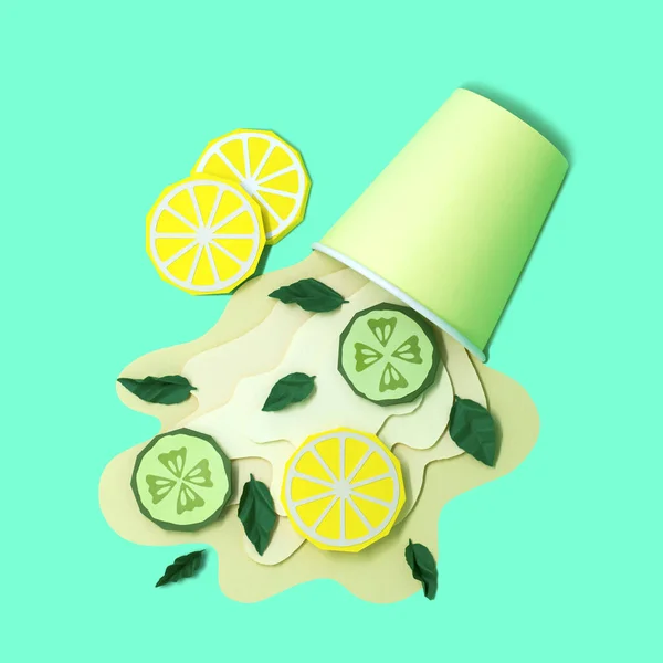 Paper Cup Spilled Refreshing Summer Drink Lemon Cucumber Ginger Mint — 스톡 사진