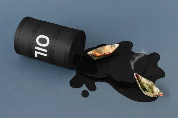 Нафта Розливається Стволів Спалює Доларові Човни Концепція Зниження Цін Виробництво — стокове фото