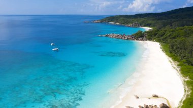 Gezegenin tropik bölgeleri. Seyshell 'ler. İHA 'dan ateş ediliyor. Okyanusun saf turkuaz suları. Beyaz mercan kumu ve mavi gölcükler.