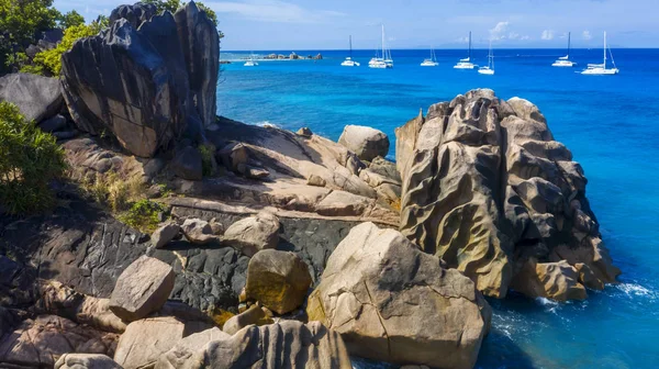 Régions Tropicales Planète Seyshelles Tirer Depuis Drone Des Eaux Turquoises — Photo