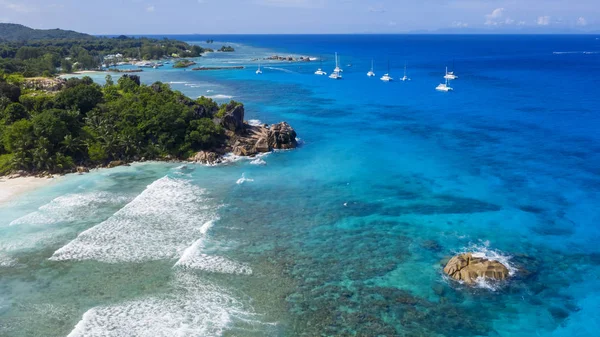 Régions Tropicales Planète Seyshelles Tirer Depuis Drone Des Eaux Turquoises — Photo