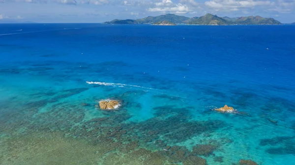 Regiões Tropicais Planeta Seyshelles Disparar Drone Puras Águas Azul Turquesa — Fotografia de Stock