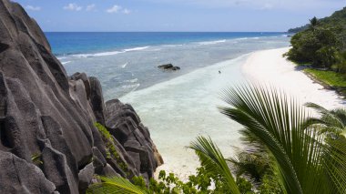 Gezegenin tropik bölgeleri. Seyshell 'ler. İHA 'dan ateş ediliyor. Okyanusun saf turkuaz suları. Beyaz mercan kumu ve mavi gölcükler.