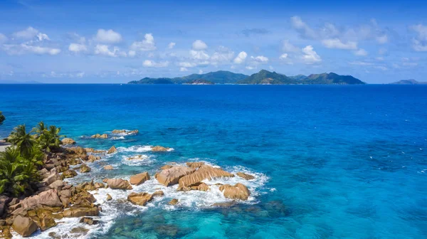 Regiones Tropicales Del Planeta Seyshelles Disparando Desde Dron Aguas Turquesas — Foto de Stock