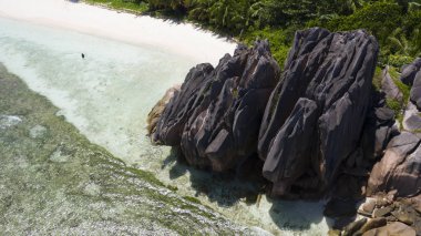 Tropik adalar ve plajlar. Seyshell 'ler. İHA 'dan ateş ediliyor. Okyanusun saf turkuaz suları. Beyaz mercan kumu ve mavi gölcükler.